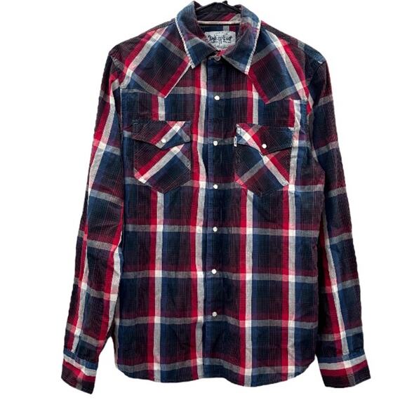 Levi Men's Black Blue Red White Plaid Long Sleeve Pear Snap Down‎ Shirt Size S - Picture 1 of 8